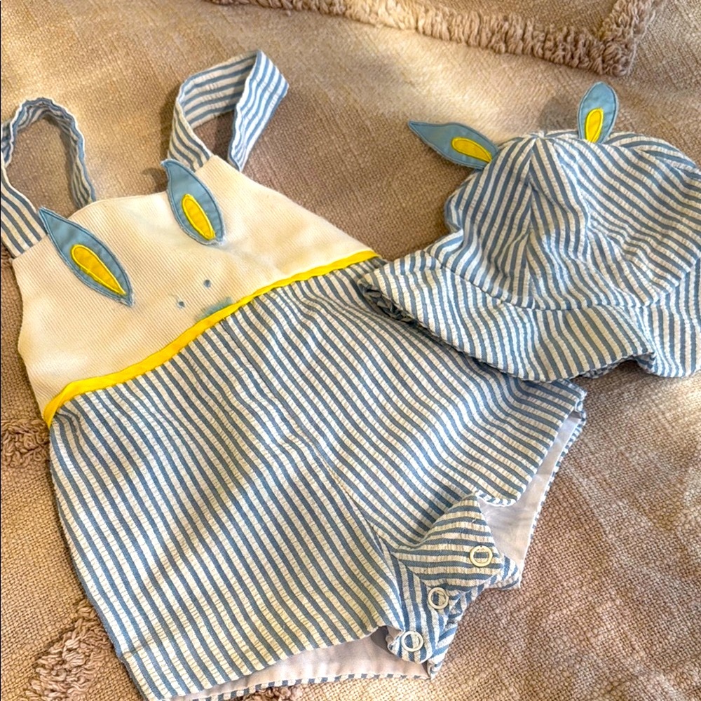 Cradle craft vintage 6 months baby boy striped Blue & white bunny sunsuit w/ hat